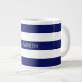 Navy Blue White Horiz Preppy Stripe #3 Monogram Grote Koffiekop (Voorkant rechts)
