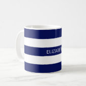 Navy Blue White Horiz Preppy Stripe #3 Monogram Koffiemok (Voorkant links)