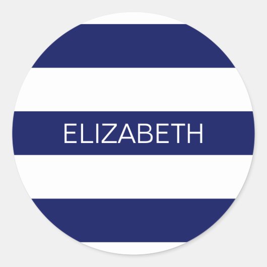 Navy Blue White Horiz Preppy Stripe #3 Monogram Ronde Sticker (Voorkant)