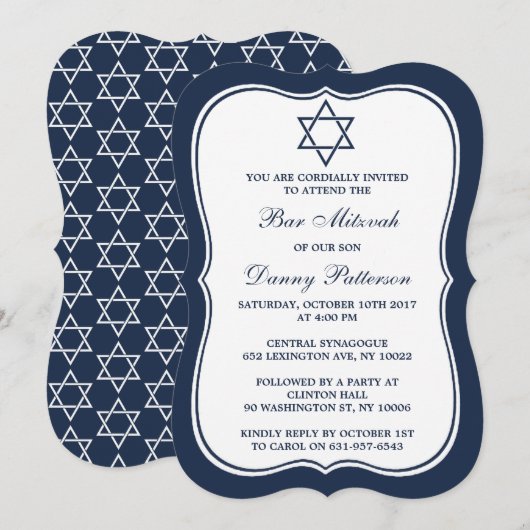 Navy Blue & White Jewish Star van David Bar Mitzva Kaart (Voorkant / Achterkant)