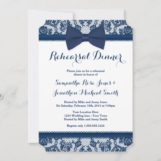 Navy Blue & White Lace Bow Rehearsal Dinner Kaart (Voorkant)