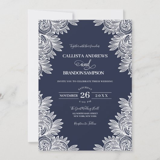  Navy Blue White Lace Country Wedding Kaart (Voorkant)