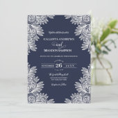  Navy Blue White Lace Country Wedding Kaart (Staand voorkant)