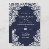  Navy Blue White Lace Country Wedding Kaart (Voorkant / Achterkant)