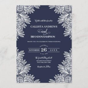  Navy Blue White Lace Country Wedding Kaart