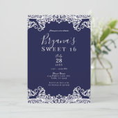 Navy Blue & White Lace Elegant Sweet 16 Party Kaart (Staand voorkant)