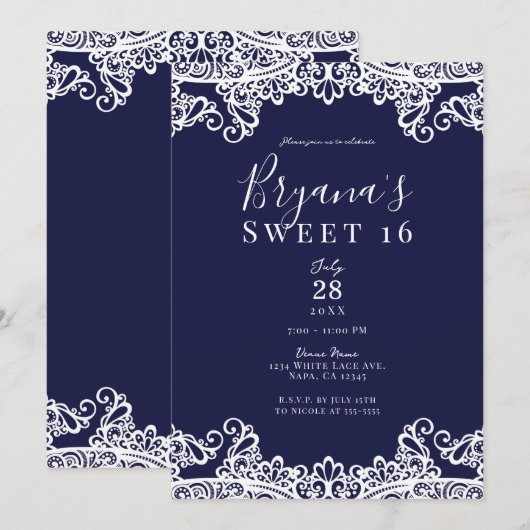 Navy Blue & White Lace Elegant Sweet 16 Party Kaart (Voorkant / Achterkant)