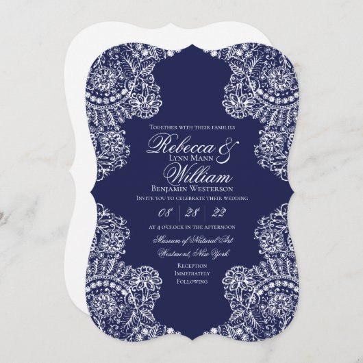 Navy Blue White Lace Elegant Vintage Wedding Kaart (Voorkant / Achterkant)