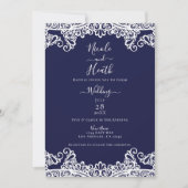 Navy Blue & White Lace Elegant Wedding Kaart (Voorkant)