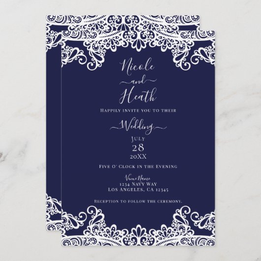 Navy Blue & White Lace Elegant Wedding Kaart (Voorkant / Achterkant)