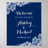 Navy Blue White Lace Wedding Reception Sign Poster (Voorkant)