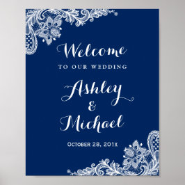 Navy Blue White Lace Wedding Reception Sign Poster