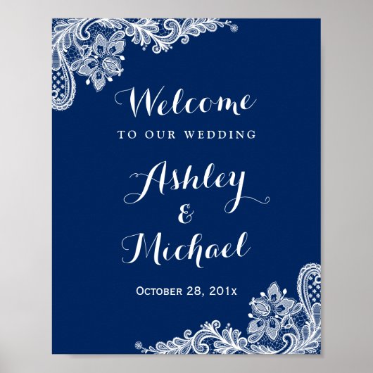Navy Blue White Lace Wedding Reception Sign Poster (Voorkant)