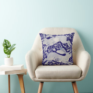 Navy Blue White Leaping Rabbit Hare Chinoiserie Kussen