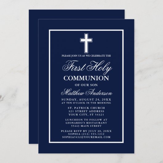 Navy Blue White Lijst Eerste Heilige Communie Kaart (Voorkant / Achterkant)