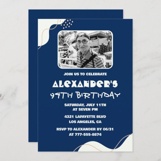 Navy Blue White Mannen Foto 94e verjaardag Kaart (Voorkant / Achterkant)