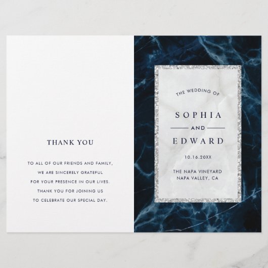 Navy Blue White Marble Folded Wedding Programme (Voorkant)