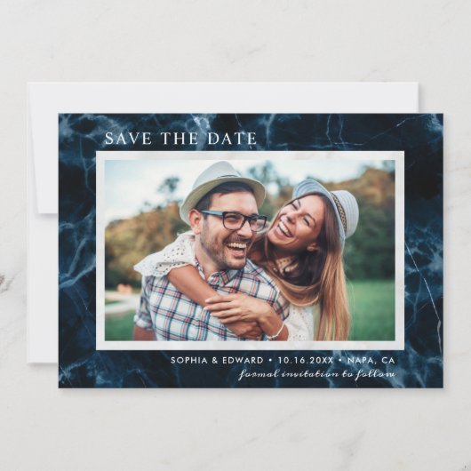 Navy Blue White Marble Save the Date Photo Card (Voorkant)