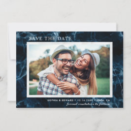 Navy Blue White Marble Save the Date Photo Card