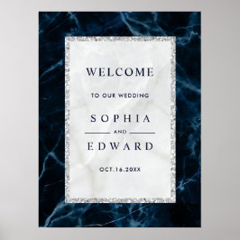 Navy Blue White Marble Wedding Welcome Sign Poster