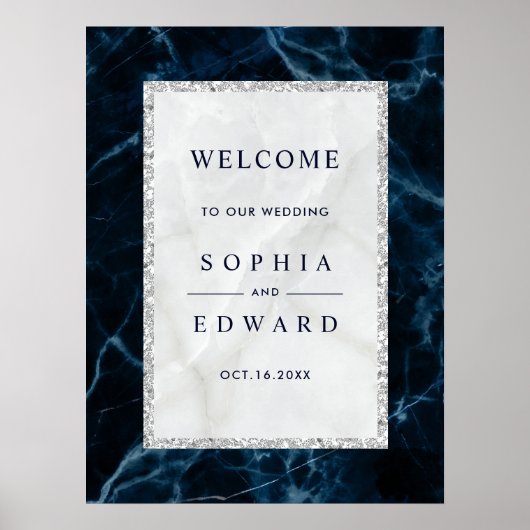 Navy Blue White Marble Wedding Welcome Sign Poster (Voorkant)