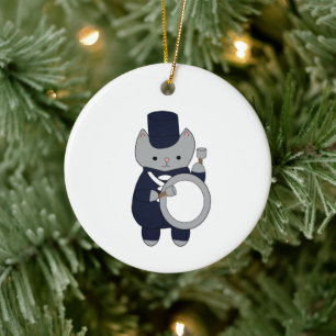 Navy Blue White Marching Band Drummer Cat Keramisch Ornament