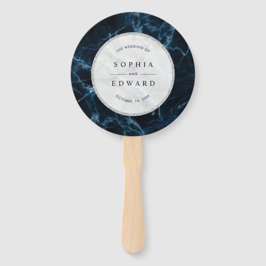 Navy Blue White Marmer Wedding Programme Handwaaier (Voorkant)