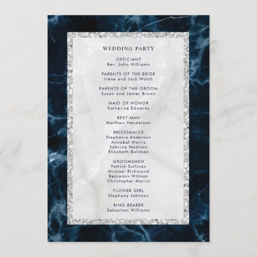 Navy Blue White Marmer Wedding Programme Programmakaart (Achterkant)