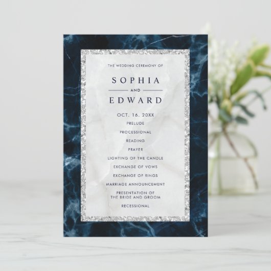 Navy Blue White Marmer Wedding Programme Programmakaart (Staand voorkant)