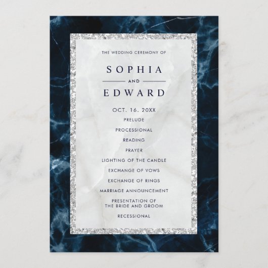 Navy Blue White Marmer Wedding Programme Programmakaart (Voorkant)