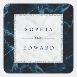 Navy Blue White marmer Wedding Vierkante Sticker