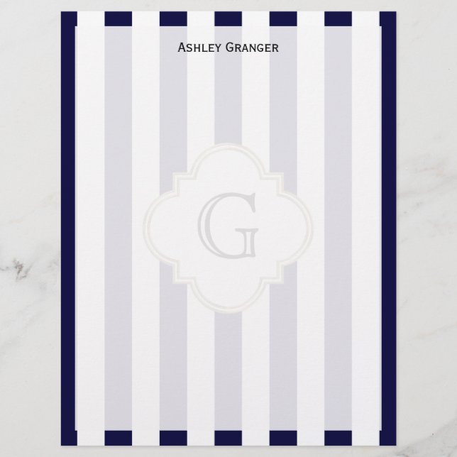 Navy Blue White Medium Stripe White Monogram Label (Voorkant)