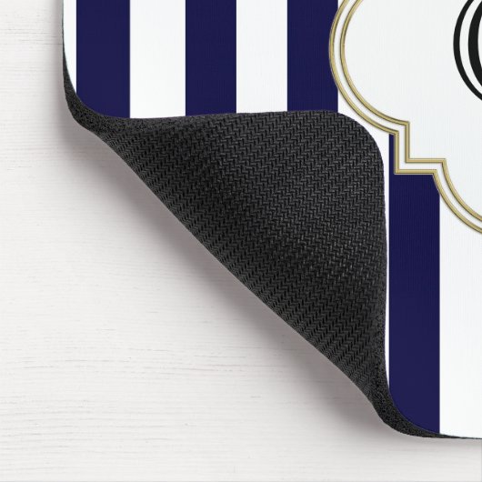 Navy Blue White Medium Stripe White Monogram Label Muismat (Hoek)