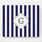 Navy Blue White Medium Stripe White Monogram Label Muismat (Voorkant)