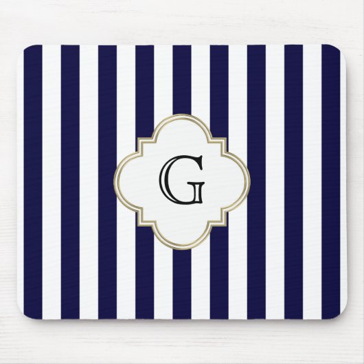Navy Blue White Medium Stripe White Monogram Label Muismat (Voorkant)