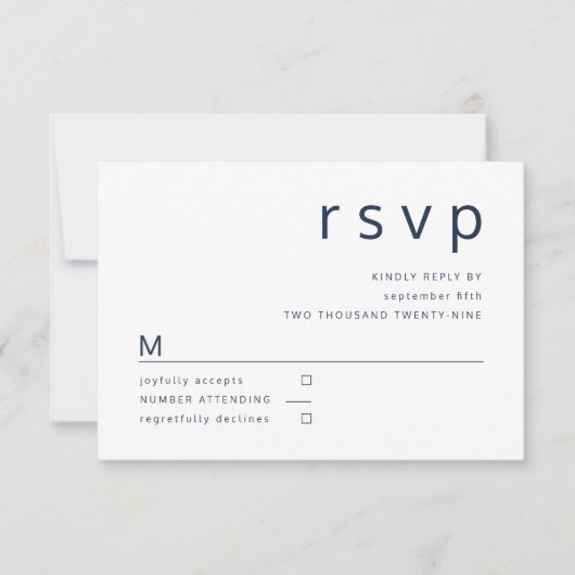 Navy Blue White Minimalist Typography Wedding RSVP Kaartje (Voorkant)