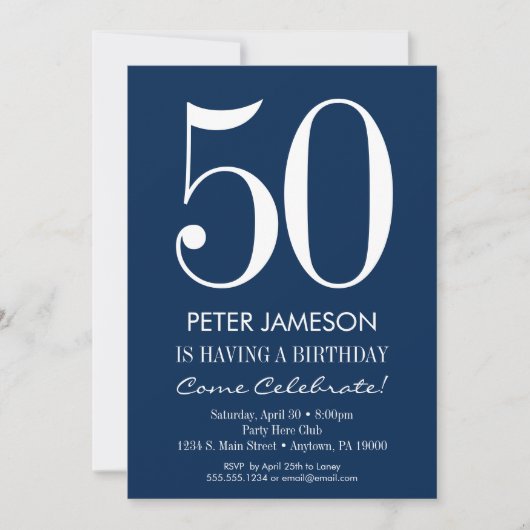 Navy Blue White Modern Adult Birthday Invitations Kaart (Voorkant)
