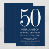 Navy Blue White Modern Adult Birthday Invitations Kaart (Voorkant / Achterkant)