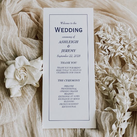 Navy Blue White Modern minimalist Wedding Programmakaart