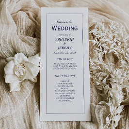 Navy Blue White Modern minimalist Wedding Programmakaart