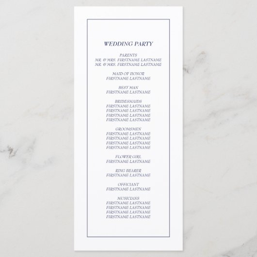 Navy Blue White Modern minimalist Wedding Programmakaart (Achterkant)