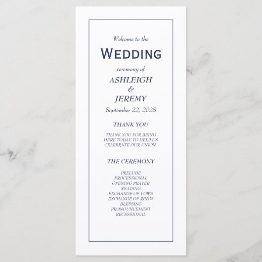 Navy Blue White Modern minimalist Wedding Programmakaart (Voorkant)