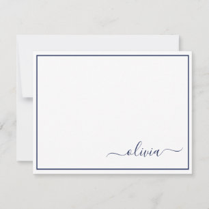 Navy Blue White Modern Script Girly Monogram Naam Bedankkaart