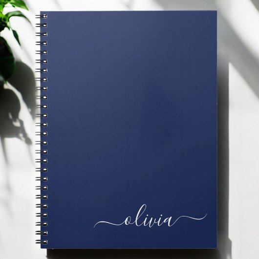 Navy Blue White Modern Script Girly Monogram Naam Notitieboek