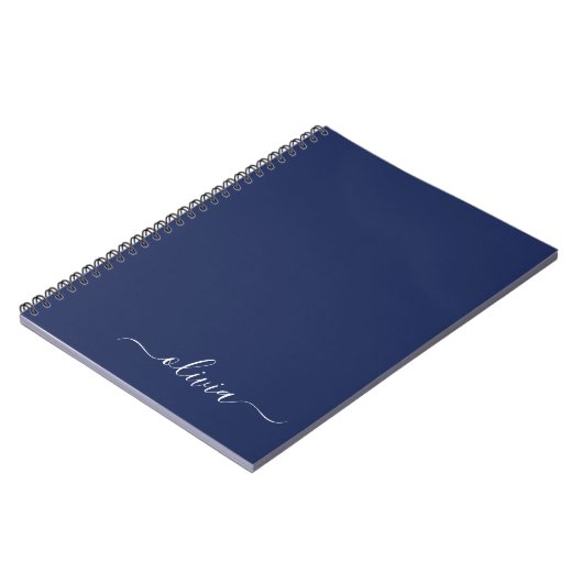 Navy Blue White Modern Script Girly Monogram Naam Notitieboek (Linkerzijde)