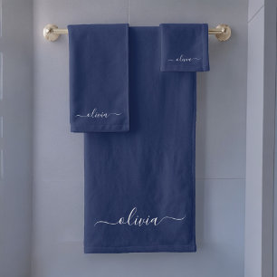 Navy Blue White Modern Script Girly Monogram Name Bad Handdoek