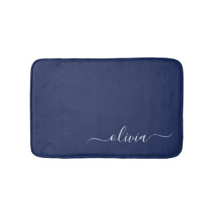 Navy Blue White Modern Script Girly Monogram Name Badmat