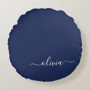 Navy Blue White Modern Script Girly Monogram Name Rond Kussen
