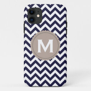 Navy Blue White Monogram Chevron Pattern iPhone 11 Hoesje