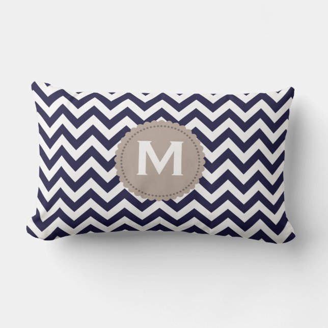Navy Blue White Monogram Chevron Pattern Kussen (Voorkant)